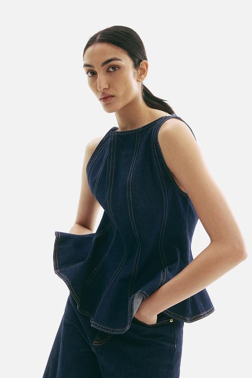 Denim peplum top - dark denim blue