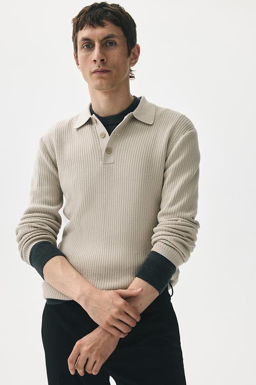Slim fit rib-knit polo shirt - light beige