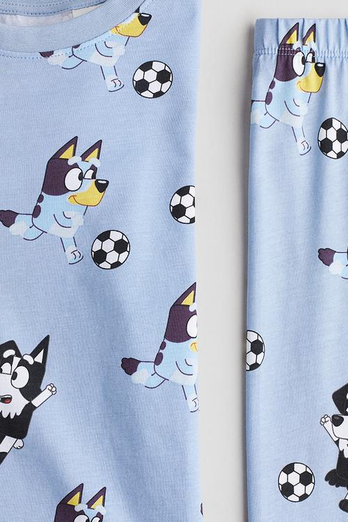Printed cotton jersey pyjamas - blue/bluey