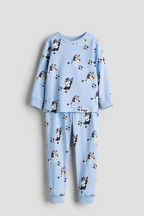 Printed cotton jersey pyjamas - blue/bluey