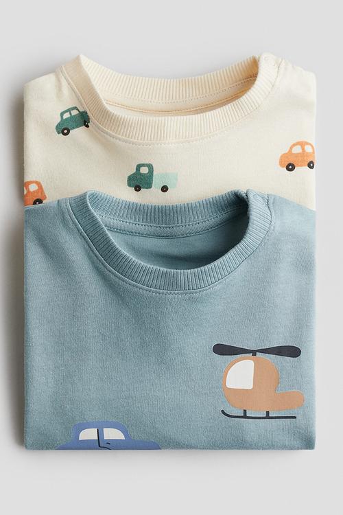 2-Pack long-sleeved cotton T-shirts - turquoise cars