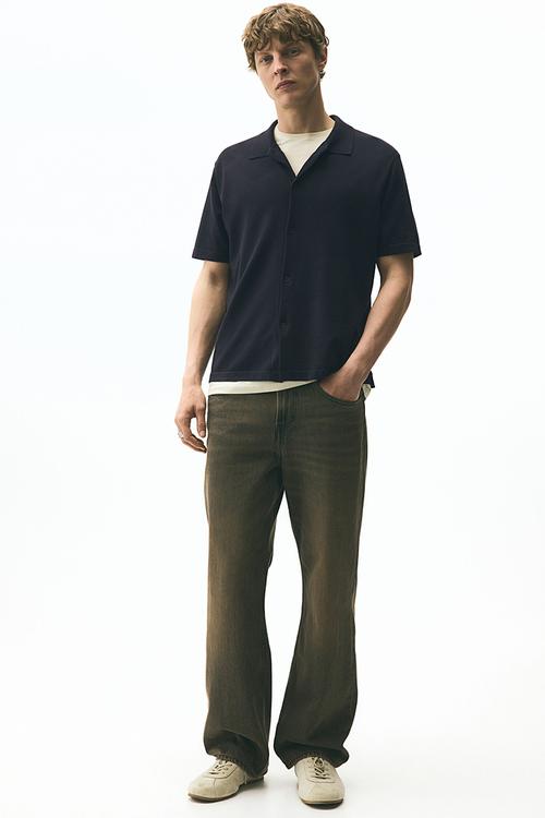 Regular fit knitted short-sleeved shirt - navy blue 