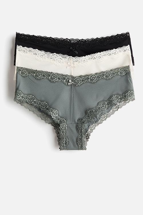 3-pack microfibre and lace hipster briefs - grey-green/cream/black