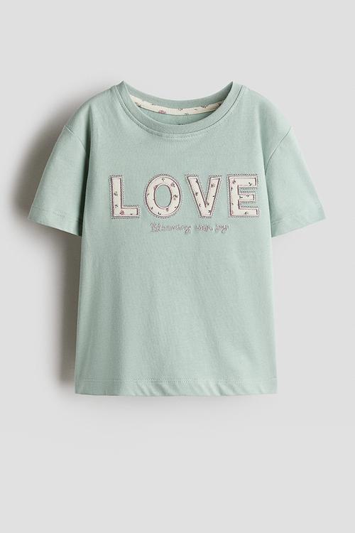 Motif-detail T-shirt - light green/love