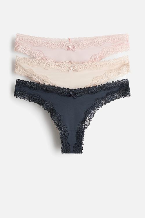 3-pack microfibre and lace brazilian briefs - navy blue/light beige