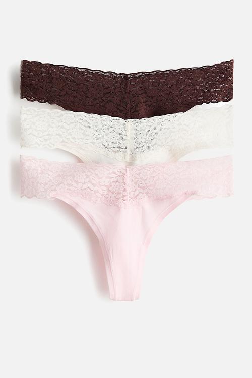 3-pack cotton and lace thong briefs - white,brown,pink