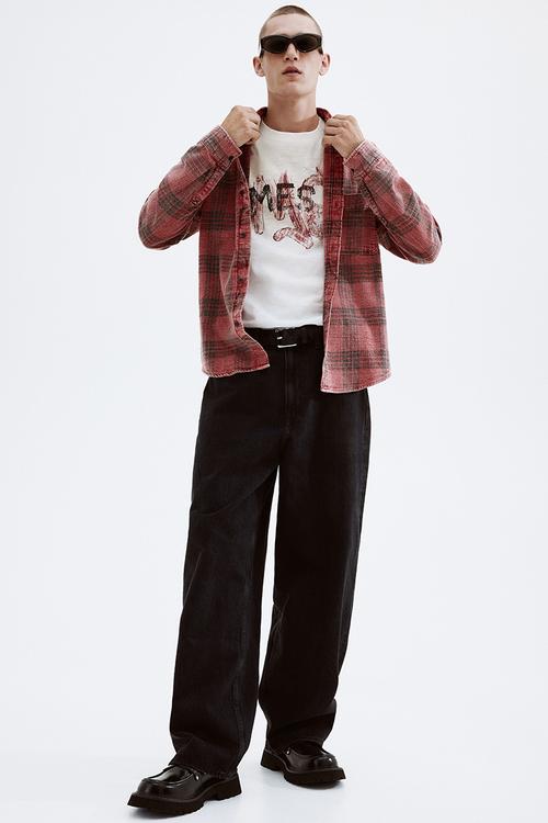 Loose fit washed flannel shirt - red/checked