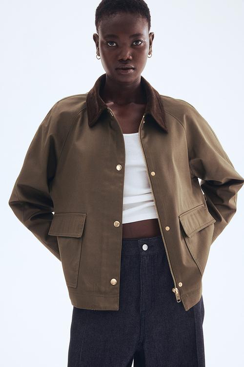 Corduroy-collar jacket - dark khaki green