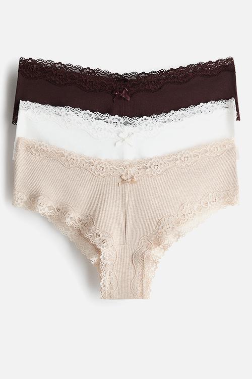 3-pack cotton and lace hipster briefs - beige,brown,white