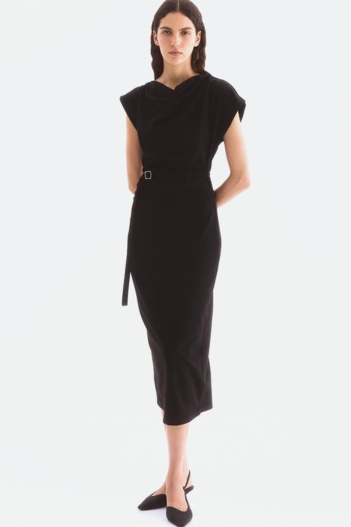 Draped belted dress - black