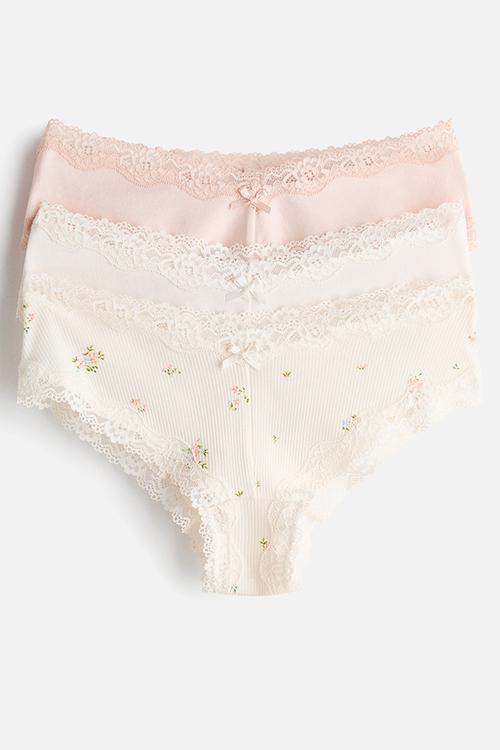 3-pack cotton and lace hipster briefs - white,pink