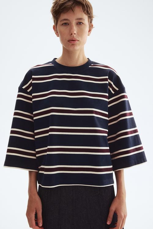 Loose-fit cotton top - navy blue/striped