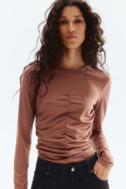 Draped long-sleeved top - dusty brown