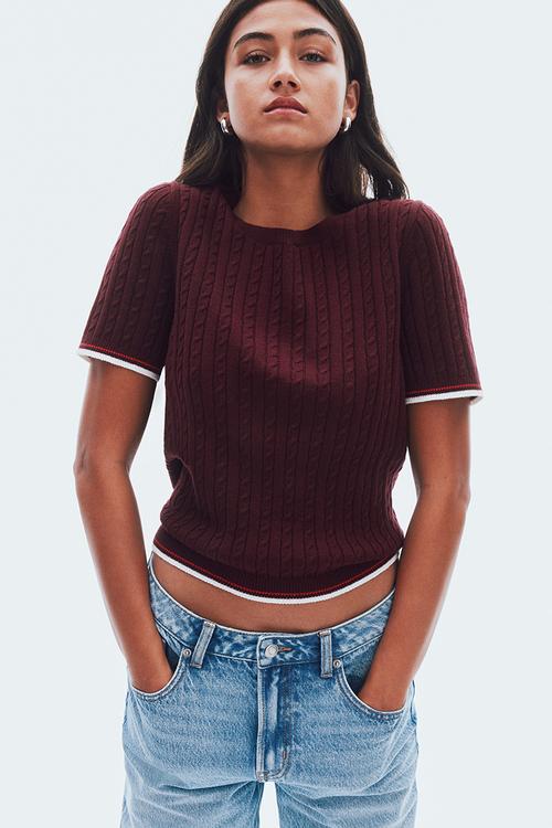 Cable-knit t-shirt -  burgundy 
