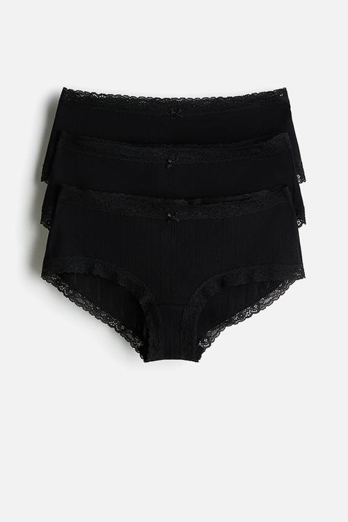 3-pack lace-trimmed hipster briefs - black