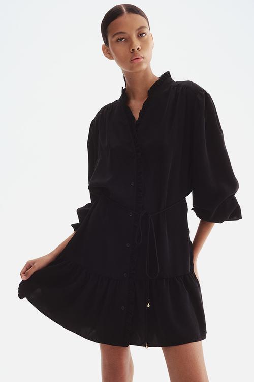 Frill-trimmed shirt dress - black