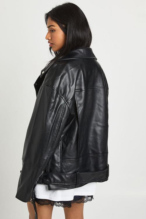 Super oversized belted biker jacket - black
