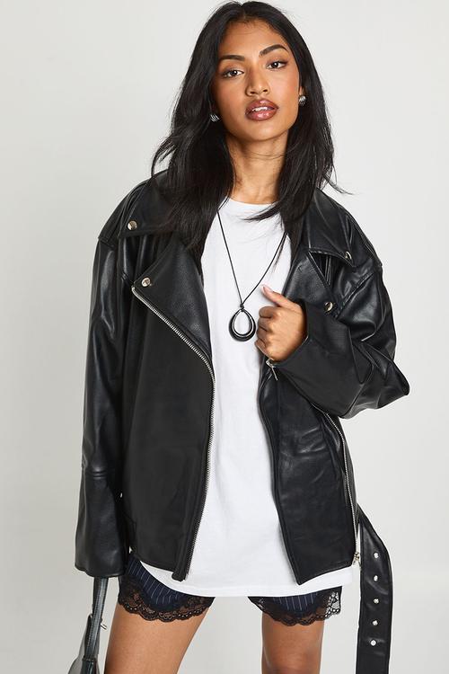 Faux Leather Oversized Biker Jacket - Black