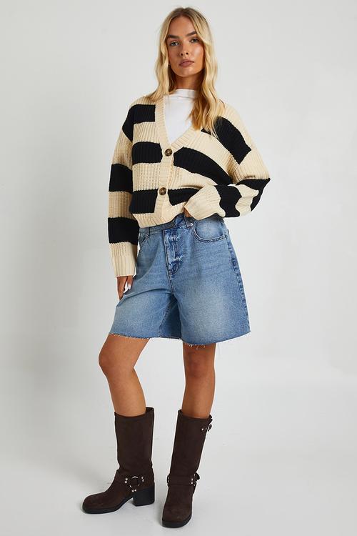 Stripe fisherman rib knit crop cardigan - oatmeal