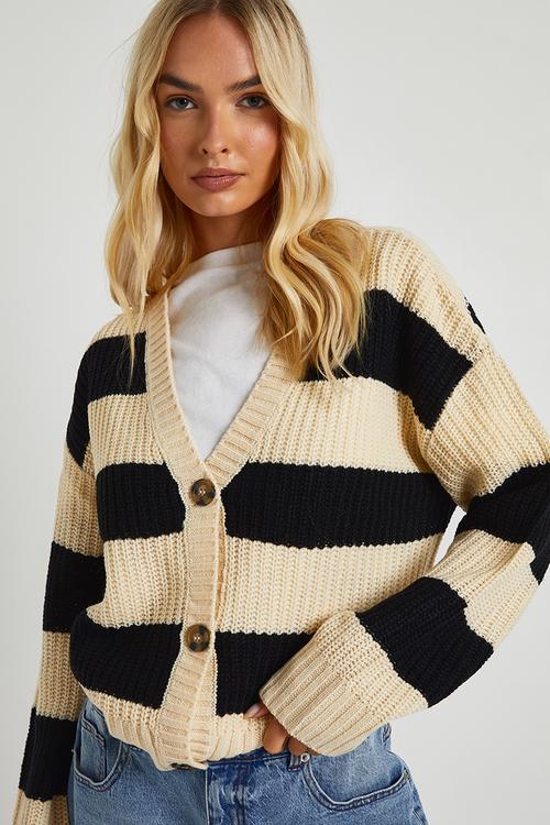 Stripe fisherman rib knit crop cardigan - oatmeal
