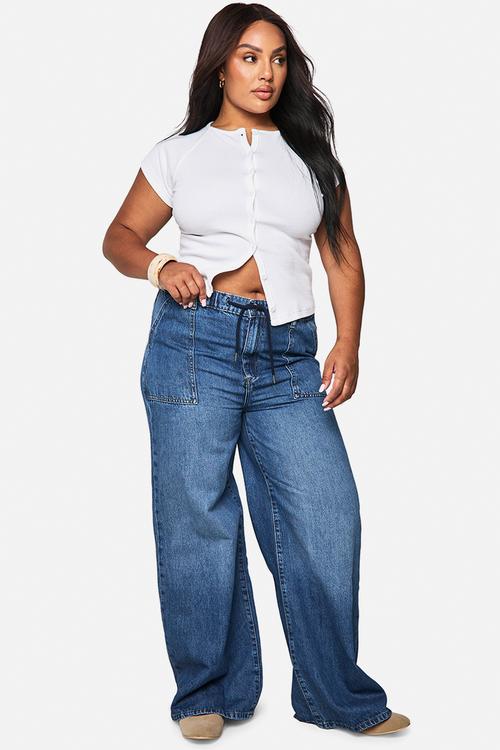 Plus elasticated waistband wide leg jeans - mid blue