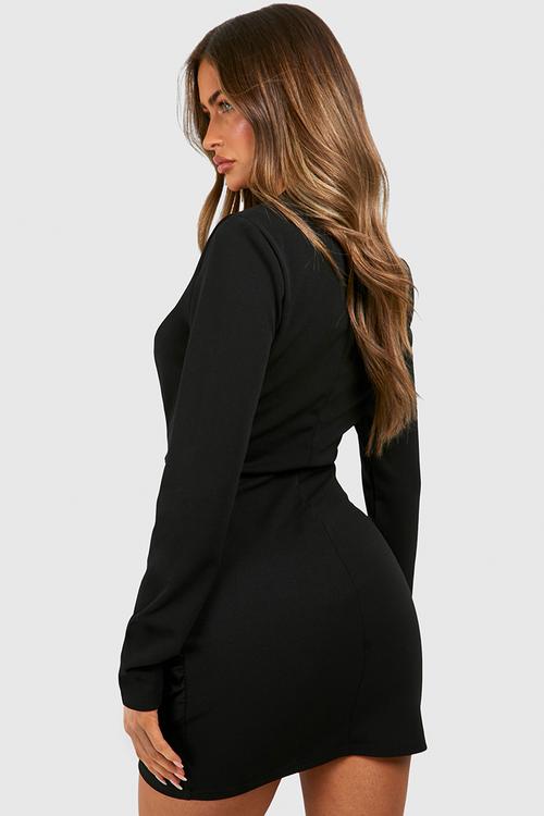 Wrap long sleeve blazer dress - black