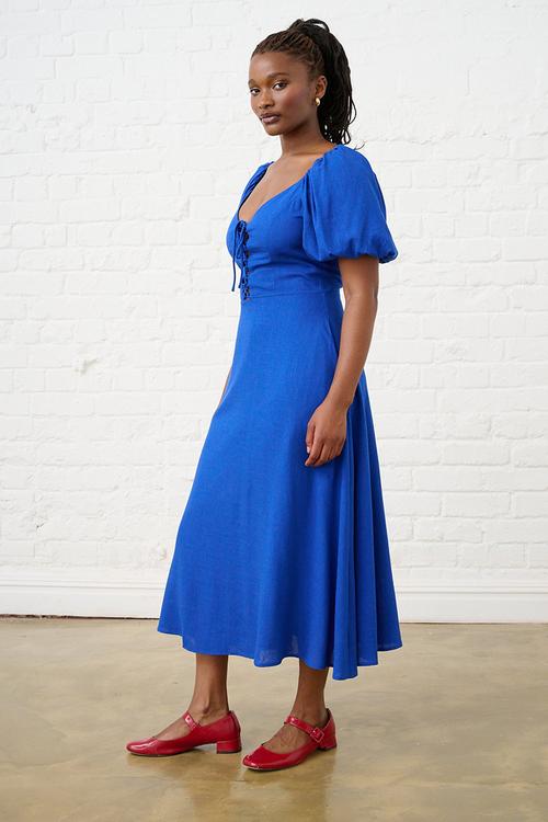 Cobalt Linen Blend Dress with Lace Up Detail - Blue