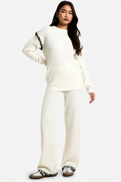 Premium heavyweight contrast trim jumper and trouser knitte - ecru