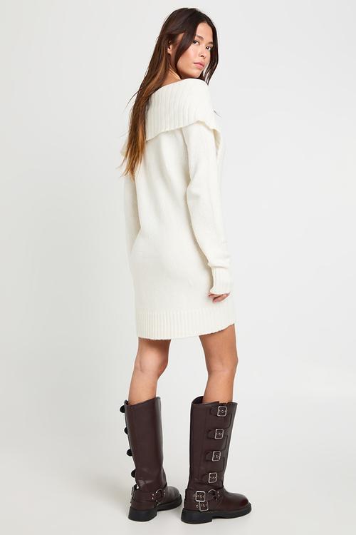 Soft knit oversized collar off the shoulder jumper dress - ecru
