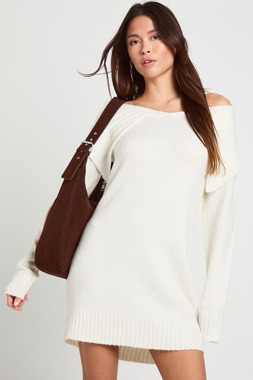 Soft knit oversized collar off the shoulder jumper dress - ecru