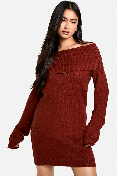 Rib bardot neckline mini jumper dress - chocolate