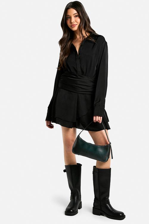 Satin ruched shirt dress - black