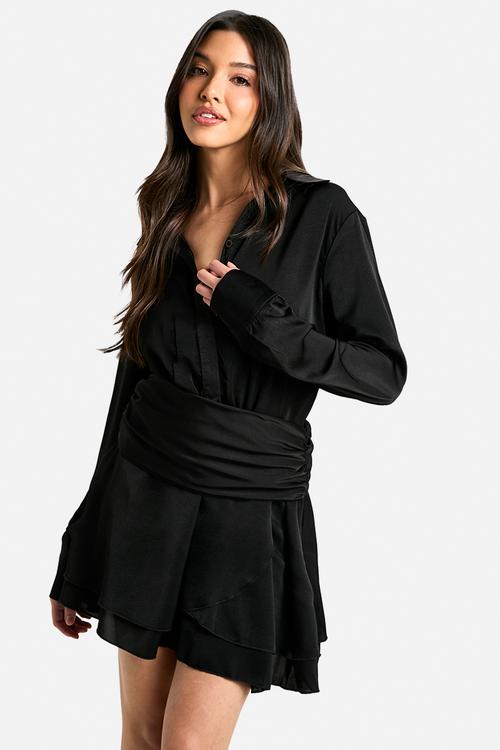 Satin ruched shirt dress - black