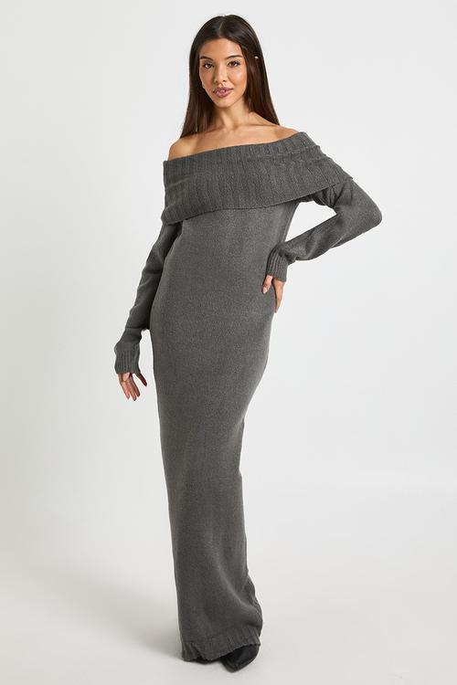 Premium oversized bardot neckline maxi jumper dress - charcoal