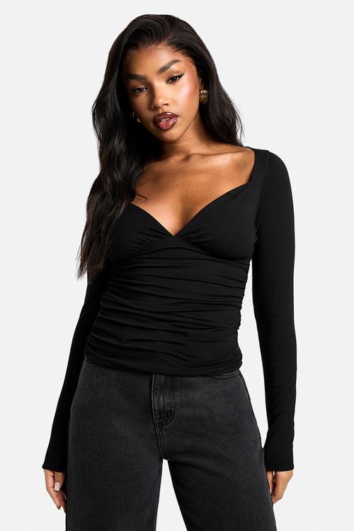Double layer modal jersey wrap detail top - black