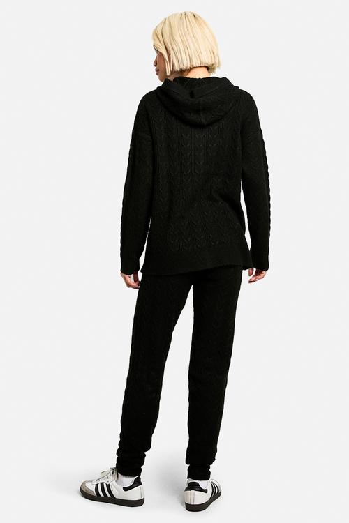 Soft cable zip through hoody knitted tracksuit - black
