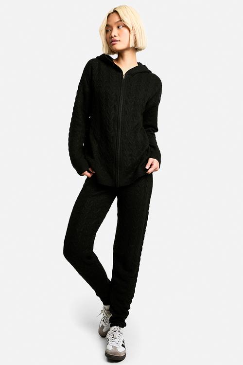 Soft cable zip through hoody knitted tracksuit - black