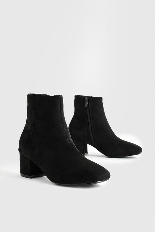 Wide fit faux suede low block heel shoe boots - black