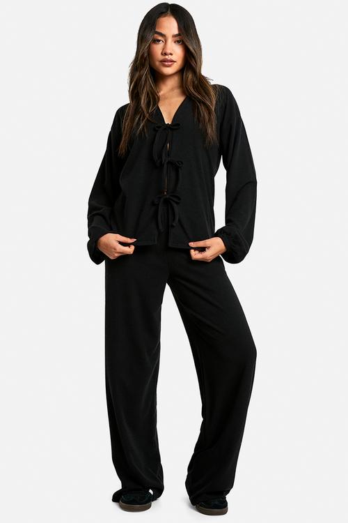 Rib tie front blouse and trouser co-ord - black