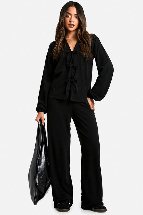 Rib tie front blouse and trouser co-ord - black
