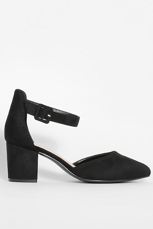 Wide fit buckled block heel ballet - black