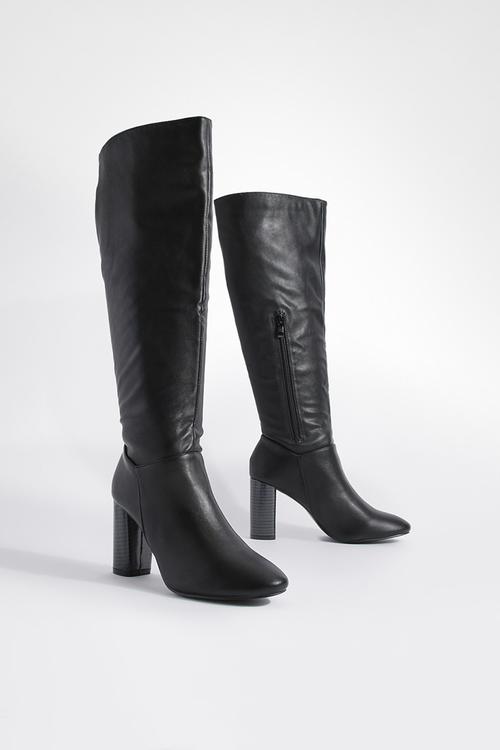 Block heel knee high boots - black