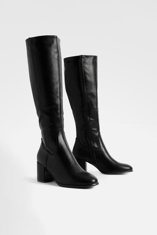 Low block basic pull on knee high boots - black