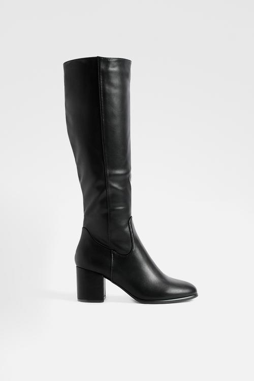 Low block basic pull on knee high boots - black