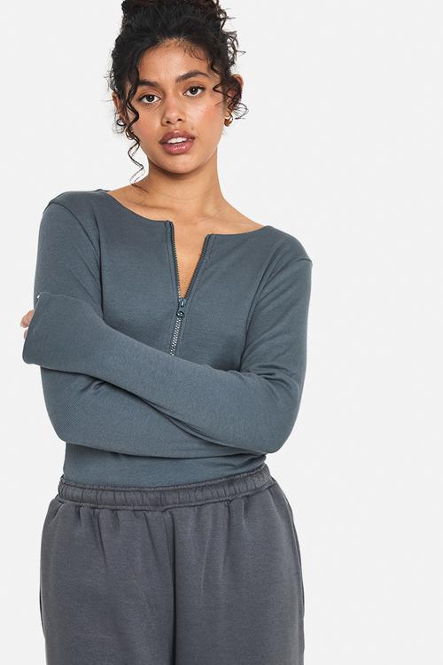 Double layer modal rib jersey zip front bodysuit - blue