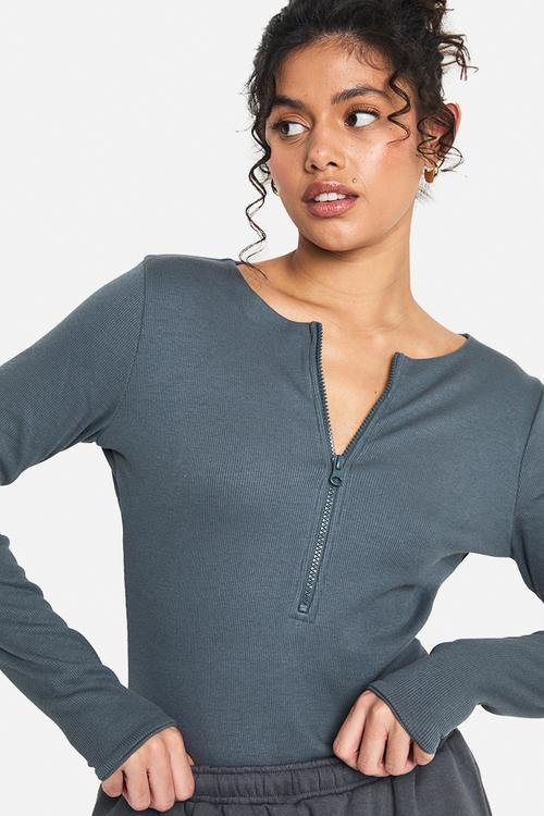 Double layer modal rib jersey zip front bodysuit - blue
