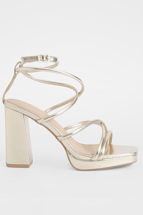 Metallic cross strap platform heels - gold
