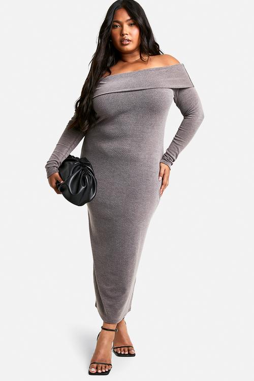 Plus two tone off shoulder column midaxi dress - brown