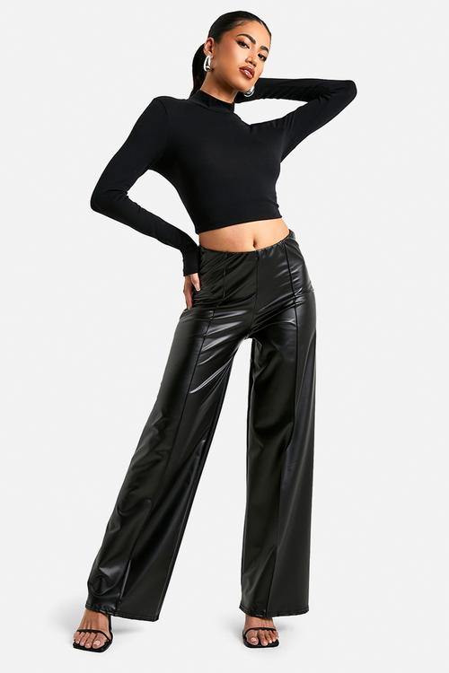 Wide leg pu trouser with pintuck - black