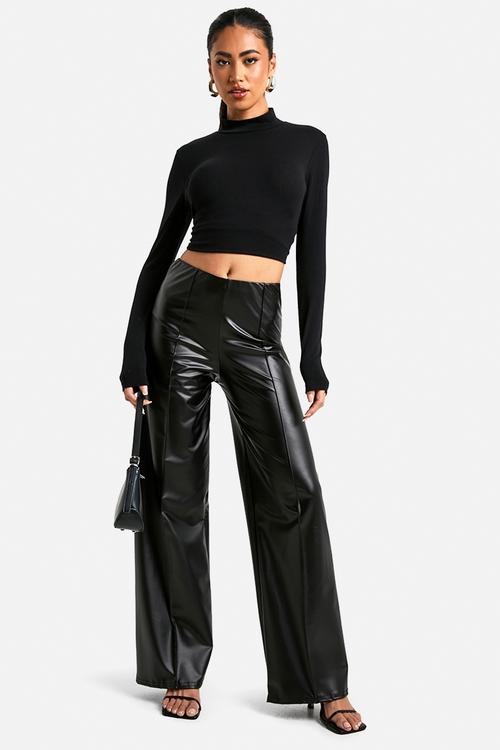 Wide leg pu trouser with pintuck - black